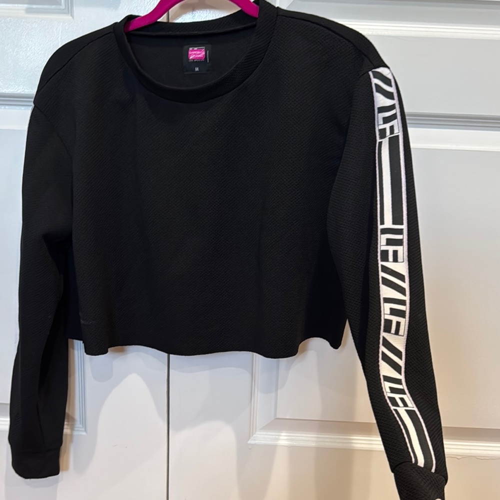 LF Black Cropped Top with White Sleeve Graphic
